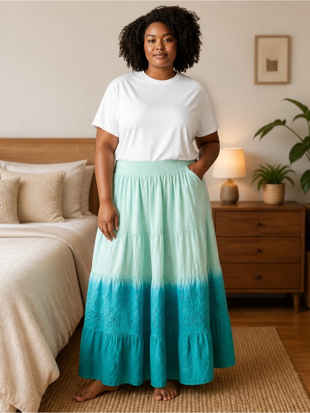 Plus-Size Ombre Tiered Maxi Skirt in Mint to Teal